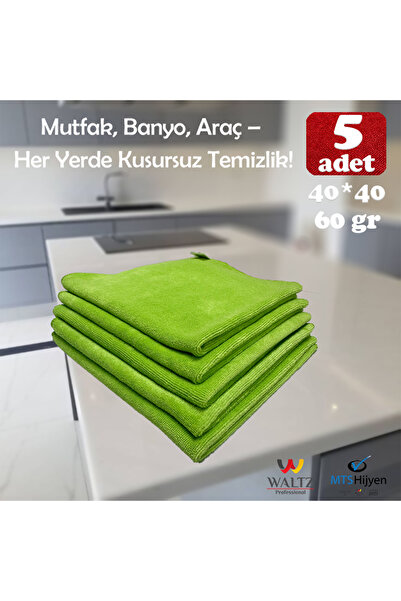 Waltz Premium Mikrofiber Temizlik Bezi 5’lü Set YEŞİL – 40x40 cm | Ultra Yumu...