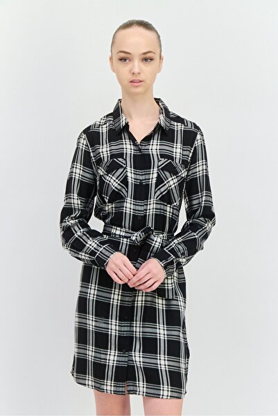 Pepe Jeans فستان نسائي منقوش بحزام ربطة عنق، أسود/أبيض