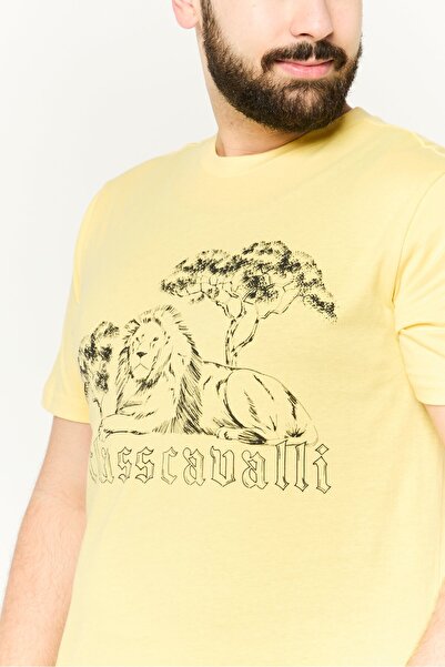 Cavalli Class Men Crew Neck Short Sleeve Graphic Print T-Shirts, Yellow/Black