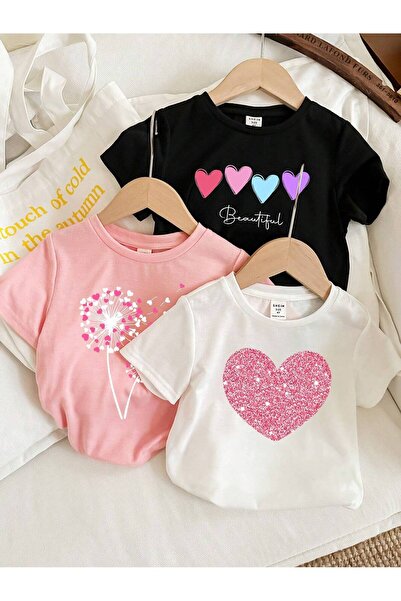 GLOWES تي شيرت كبير الحجم مطبوع عليه قلوب وريش للأطفال من الجنسين مكون من 3 قطع