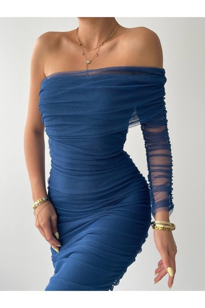 Kokosh moda Polack Tek Omuz Tül Elbise