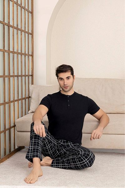 bie's Ανδρικό σετ πιτζάμες με μαύρο καρό σχέδιο με 3 κουμπιά με λαιμόκοψη Modal καλοκαιρινό κοντομάνικο σετ πιτζάμες