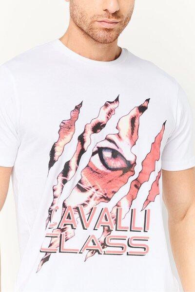 Cavalli Class Men Crew Neck Short Sleeve Graphic Print T-Shirt, White
