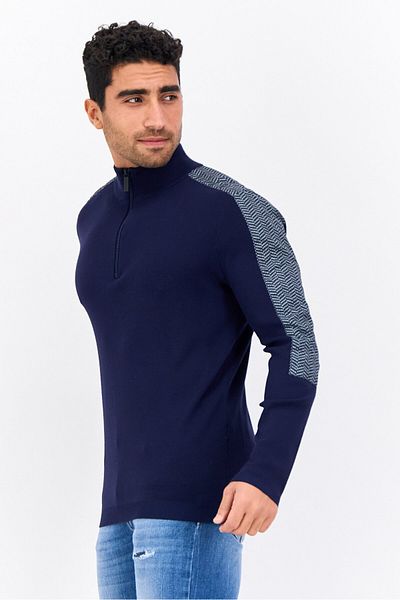 Perry Ellis Men Mock Neck Chevron Detail Quarter Zip Sweater, Navy