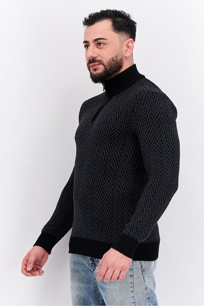 Perry Ellis Men High Neck Herringbone Sweater, Black
