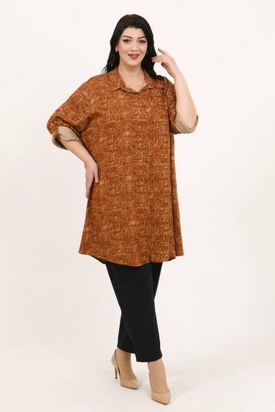 By Alba Collection Women's Brick Color Patterned Cotton Viscose Large Size Tunic