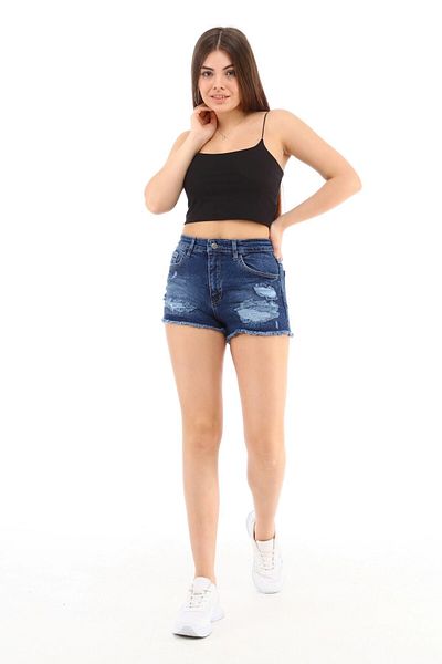 CEDY DENIM جينز عالي الخصر قابل للتمدد بقصة ضيقة - شورت جينز قصير من قماش الدنيم باللون الأزرق الداكن في باريس C603
