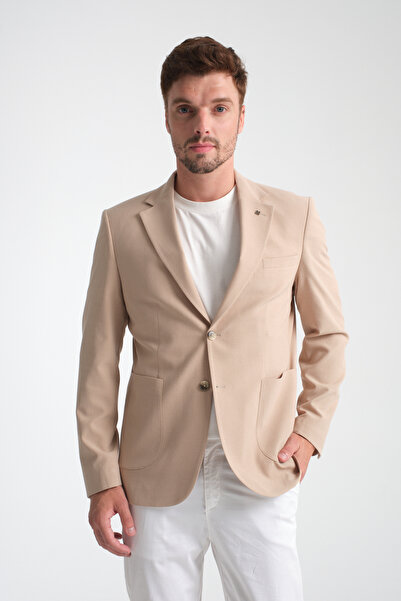 Frappoli Lucos Men's Beige Half Lining Bag Pocket Lycra Seersucker Fabric Sports Blazer Jacket