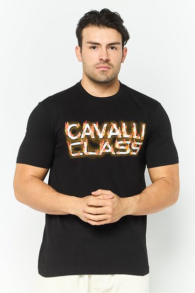 Cavalli Class Men Round Neck Short Sleeve Graphic Print T-shirt, Black Combo