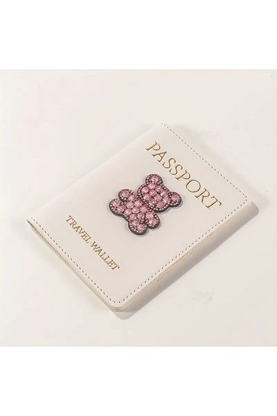 Fivy Faux Leather White Color Passport Case, Pink Stone Teddy Bear Detail