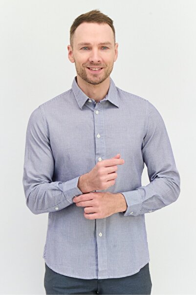 GAS قميص رجالي كاجوال بأكمام طويلة وطبعة مربعات صغيرة بقصّة عادية، أبيض