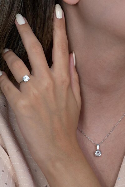 Takı Dükkanı 925 Ayar Tek Taş Gümüş Kolye ve Yüzük Seti ags02ykl
