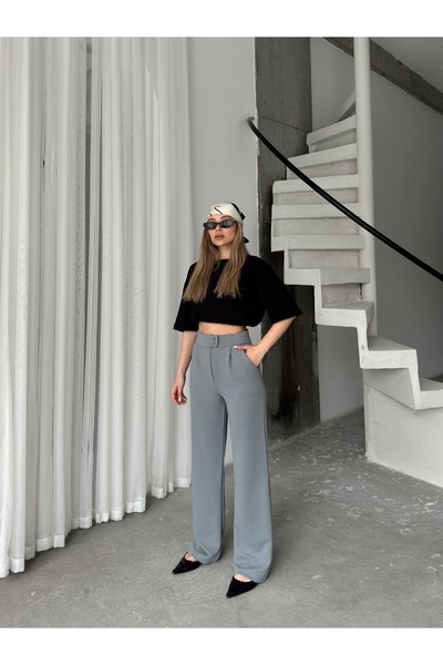 AFROGİYİM High Waist Buttoned Wide Leg Fabric Trousers