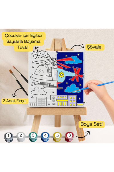 hediye hobim Çocuklar İçin Eğitici Sayılarla Boyama Seti Helikopter–20x20 Tuv...