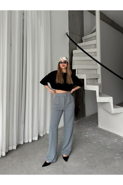 AFROGİYİM High Waist Buttoned Wide Leg Fabric Trousers