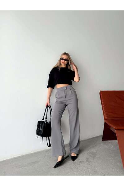 AFROGİYİM High Waist Buttoned Wide Leg Fabric Trousers