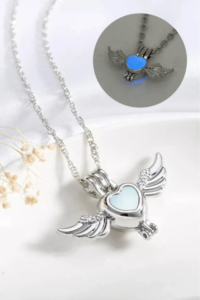 Takı Dükkanı Karanlıkta Parlayan Fosforlu Melek Kanatlı Kalp Kolye bbk53