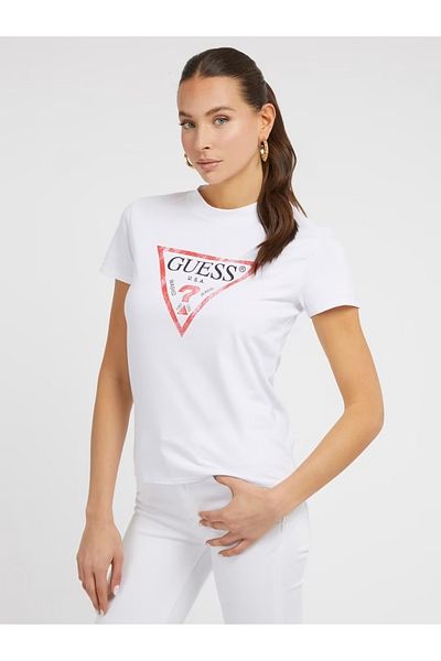 Guess Jeans Tricou alb de damă cu logo-ul triunghi mare G011 Blugi Guess