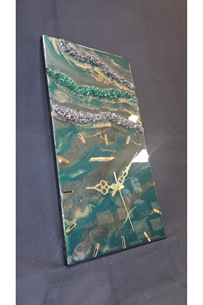 Simeranya Dekor Epoksi Duvar Saati Koyu Yeşil, Gold Detay, Kırık Taşlı 31x60cm