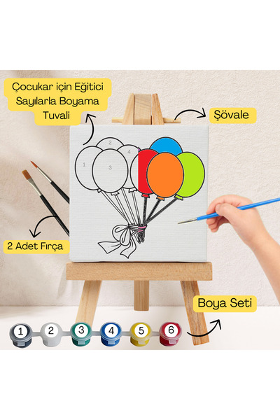 hediye hobim Çocuklar İçin Eğitici Sayılarla Boyama Seti Balon–20x20 Tuval,Şö...