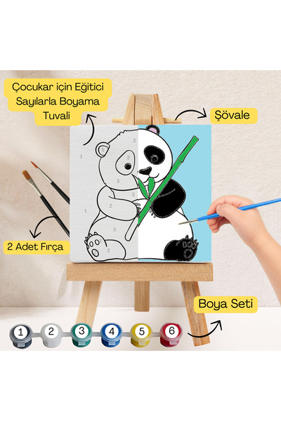 hediye hobim Çocuklar İçin Eğitici Sayılarla Boyama Seti Panda–20x20 Tuval,Şö...
