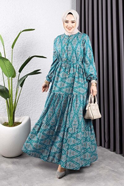 Genel Markalar Bağcıklı Desenli Viskon Elbise