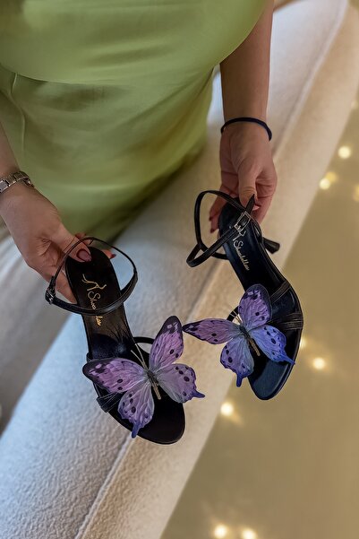 SHOEBELLAS Butter Black Purple Butterfly Detailed Women's Heeled Shoes
