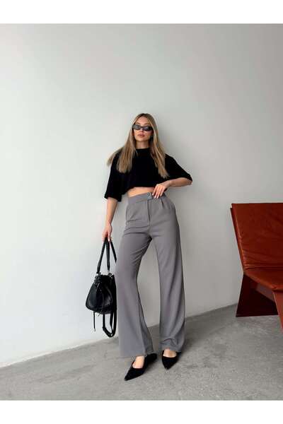 AFROGİYİM High Waist Buttoned Wide Leg Fabric Trousers