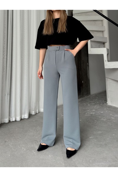 AFROGİYİM High Waist Buttoned Wide Leg Fabric Trousers