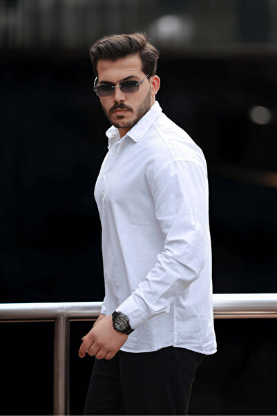 Valiberta Cămașă pentru bărbați cu mânecă lungă din țesătură de bumbac York cu guler cu jumătate de plăcuță - albă