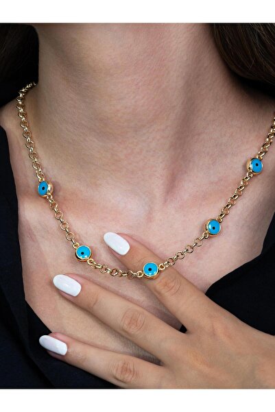 Takı Dükkanı Gold Color Evil Eye Beaded Women's Necklace and Bracelet Set Set bbs10