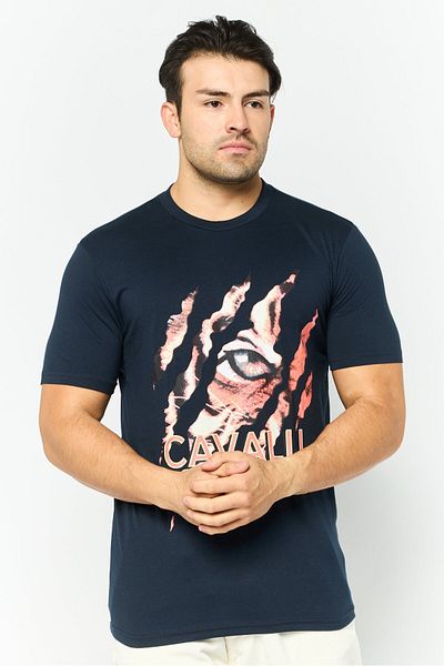 Cavalli Class Men Round Neck Short Sleeve Graphic Print T-shirt, Navy Combo
