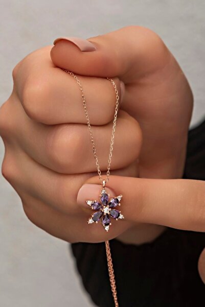 Takı Dükkanı Lotus Flower Purple Stone Women Necklace and Bracelet Set Bbb22S