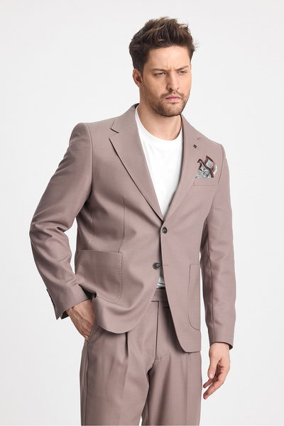 Frappoli Venüs Erkek Vizon 4 Mevsim Rahat Kumaş Slim Fit Yarım Astar Ceketi 2'li Takım Elbise