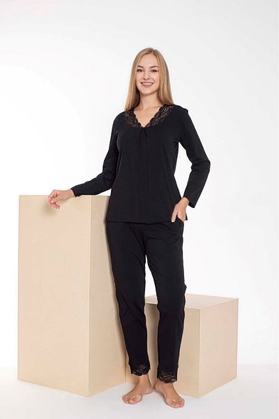 bie's Set de pijamale de sezon cu mânecă lungă, cu buzunare, cu decolteu în V, din dantelă neagră