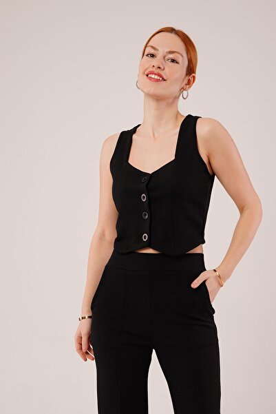 My Reality Fashion    Thick Strap Buttoned Vest and Trousers Black Set