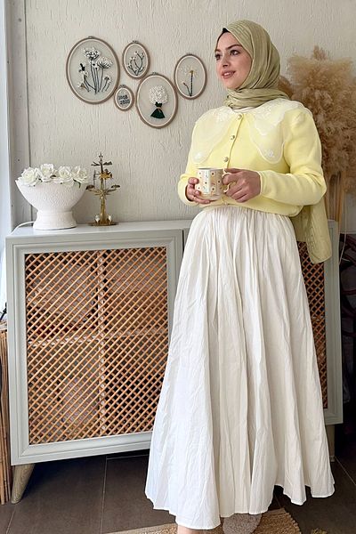 Ceylan Otantik Soft Yellow Knitwear Cardigan & Ecru Balloon Skirt Set with Lace Collar