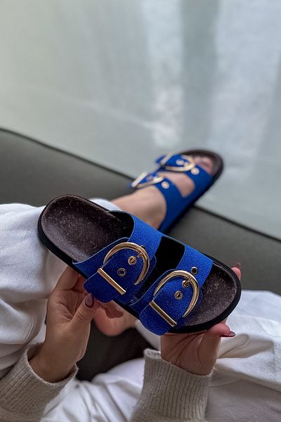 SHOEBELLAS Papuci de damă Boris Blue cu cataramă dublă
