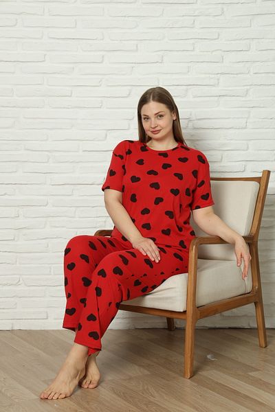 FAMESTEKSTİL Cotton Oversize Short Sleeve Women's Pajama Set