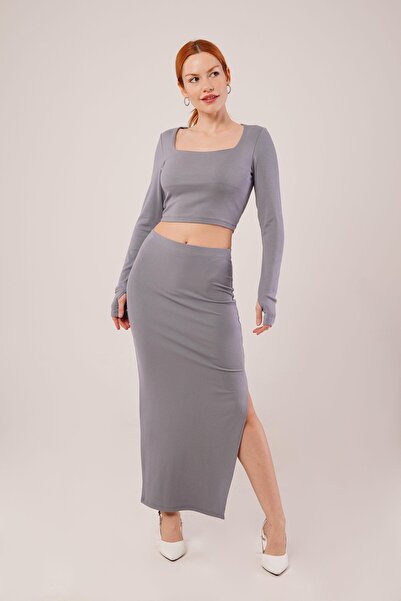 TUA MODA Tua Moda Square Collar Blouse and Slit Detailed Skirt Double Gray Set