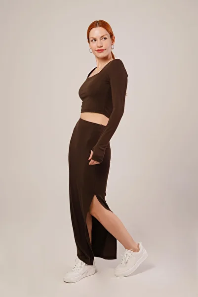 fh fashionhere Square Collar Blouse and Slit Detailed Skirt Double Brown Set