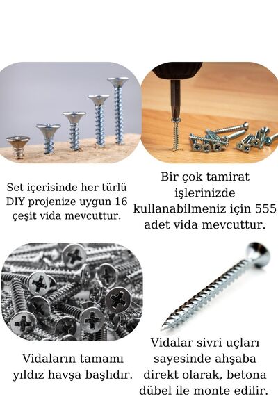 Netzerkoz Sunta Vidası Seti 555 Parça 16 Çeşit Vida Seti - Organizer Takım Çantalı Vida Seti cksn