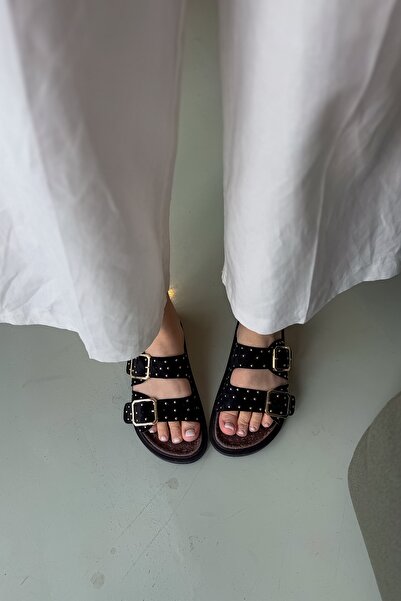 SHOEBELLAS Gale Siyah Süet Çift Tokalı Pim Detaylı Kadın Terlik
