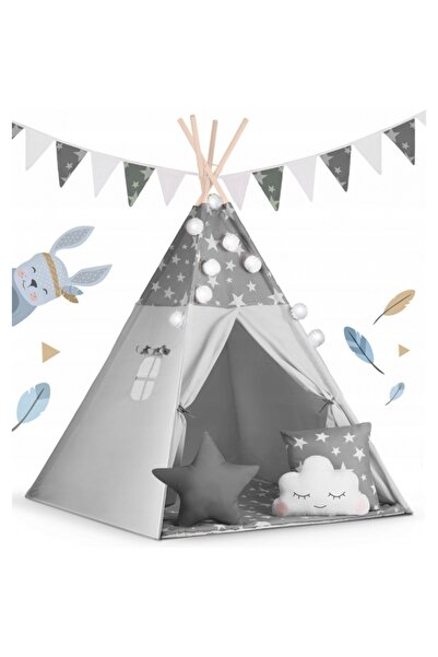 NUKIDO Children's Play Tent with Garland and Lights 120 x 120 x 165 cm - Gray with Stars
