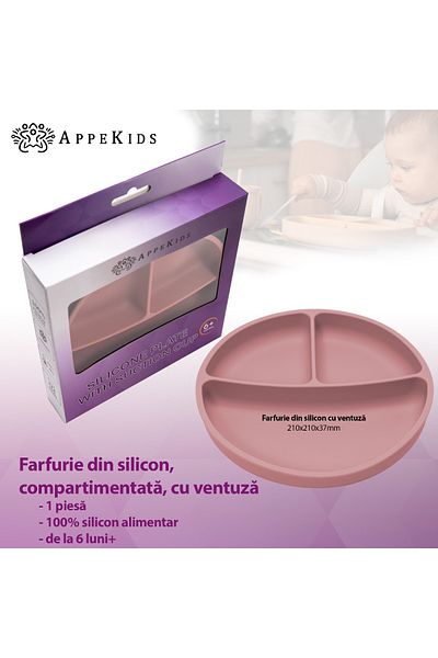 APPEKIDS Farfurie Compartimentata Din Silicon Cu Ventuza, - Old Rose
