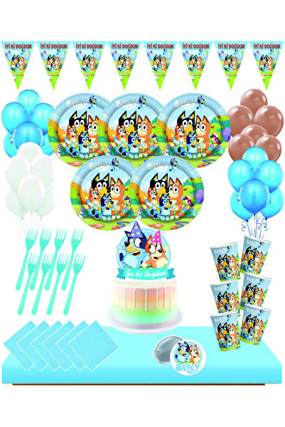Masal Şekerleme Bluey 16 Kişilik Rozetli Doğum Günü Seti Pasta Süsü Dahil