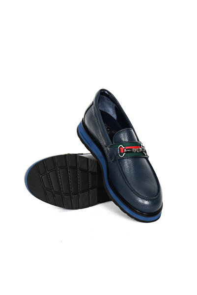 Tuna Hakiki Deri Lacivert Loafer Erkek Ayakkabı EVA Taban - 3718