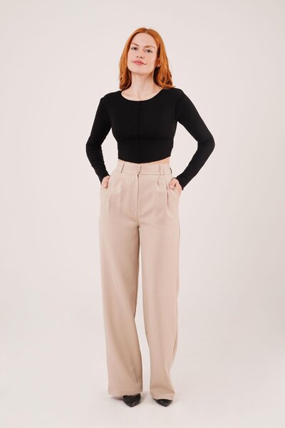TUA MODA Tua Moda Wide Leg Pleated Beige Trousers