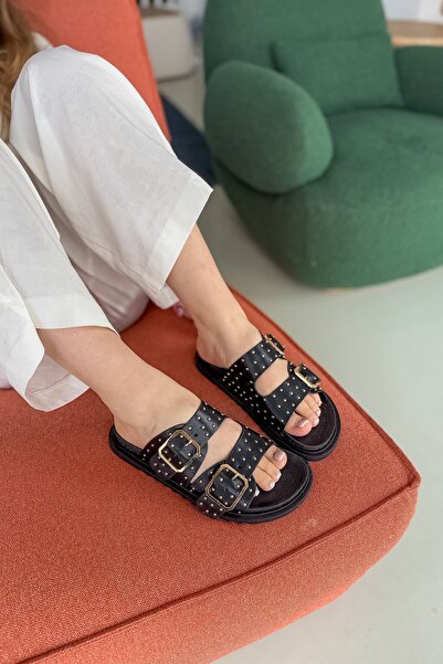 SHOEBELLAS Gale Black Double Buckle Pin Detailed Women's Slippers