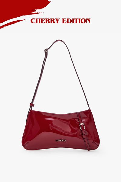 LOVENTA Eleanor - Geantă de umăr din piele lacuită ediție Cherry, cu detaliu curea, roșu cireș